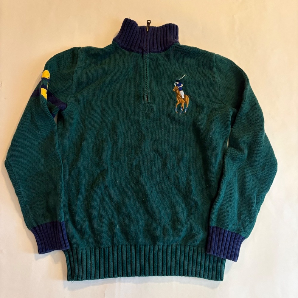 Polo Ralph Lauren Boys Large 14-16 Green Big Pony Cotton Quarter Zip Sweater